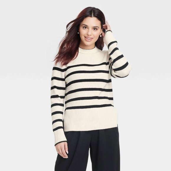 XS - Womens Crew Neck Pullover Sweater - A New Day - Black Cream Striped - Picture 5 of 6